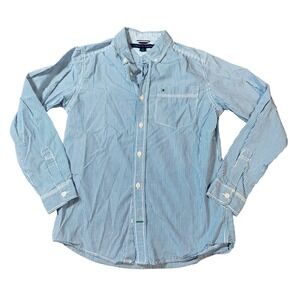 NWOT Tommy Hilfiger Size Medium 12/14 Boy Thin Blue White Stripe Button Up Shirt